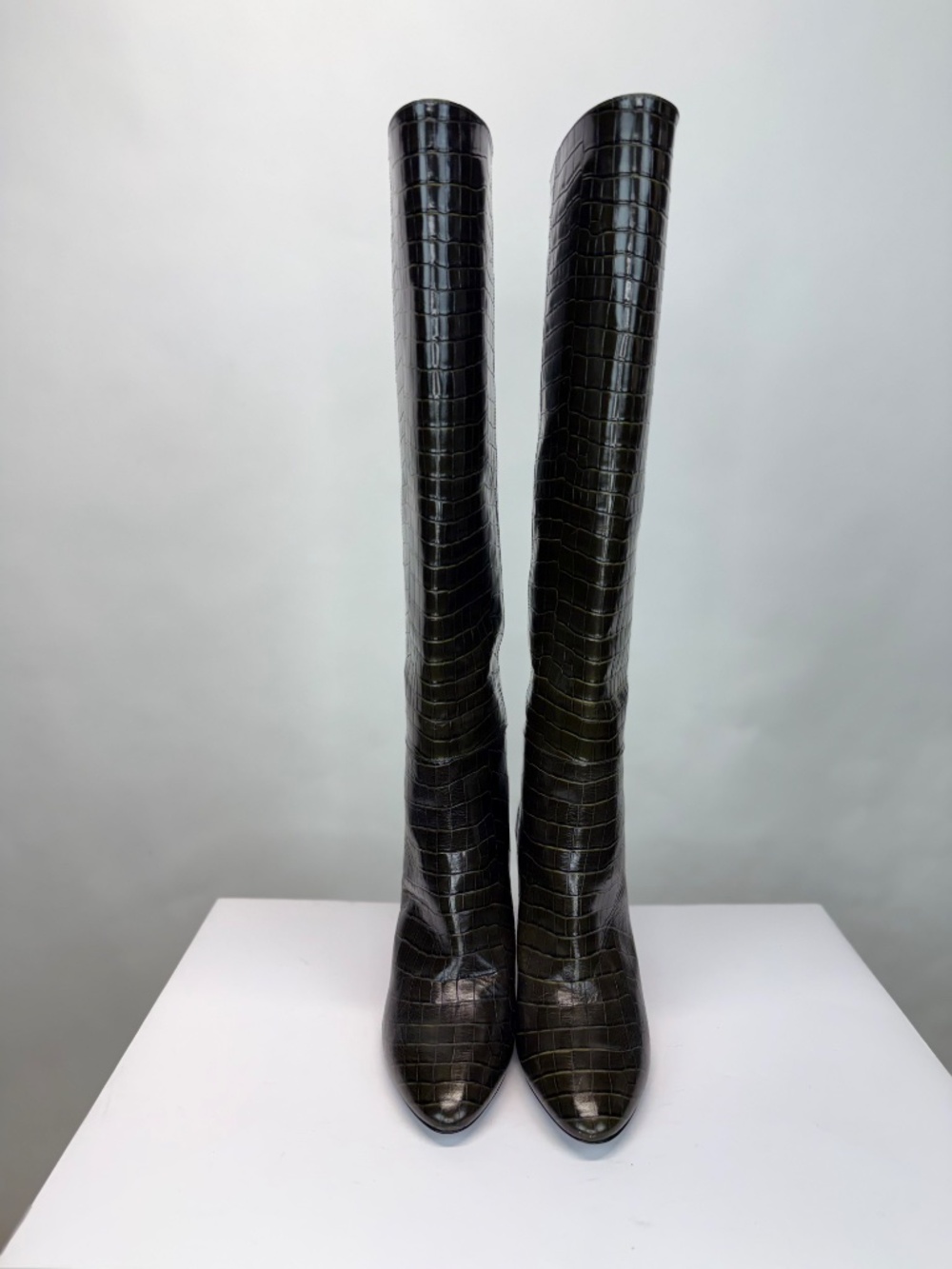 New Longchamp Croc Embossed Leather Knee High Boot Khaki Sz 10 - Picture 8 of 16
